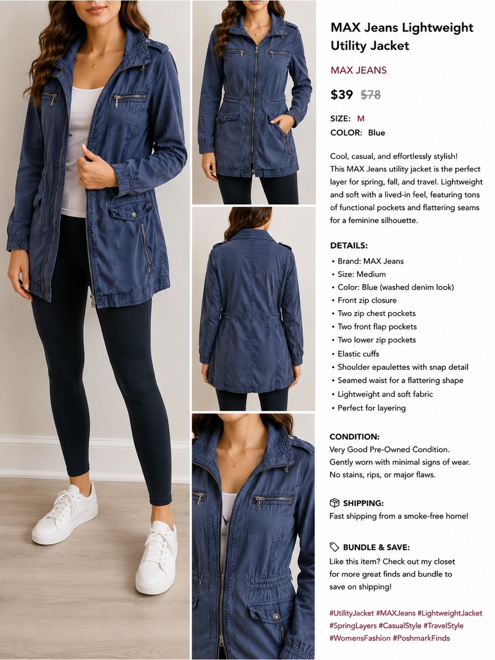 Max Jeans Blue Washed-Denim Utility Jacket